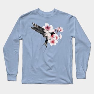 Beautiful Flying Swallow and Sakura Blossom - japanese painting Long Sleeve T-Shirt